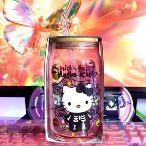 Hello Kitty Halloween Glass Tumbler Skeleton Cobweb Tinted Straw Lid 2024 Sanrio